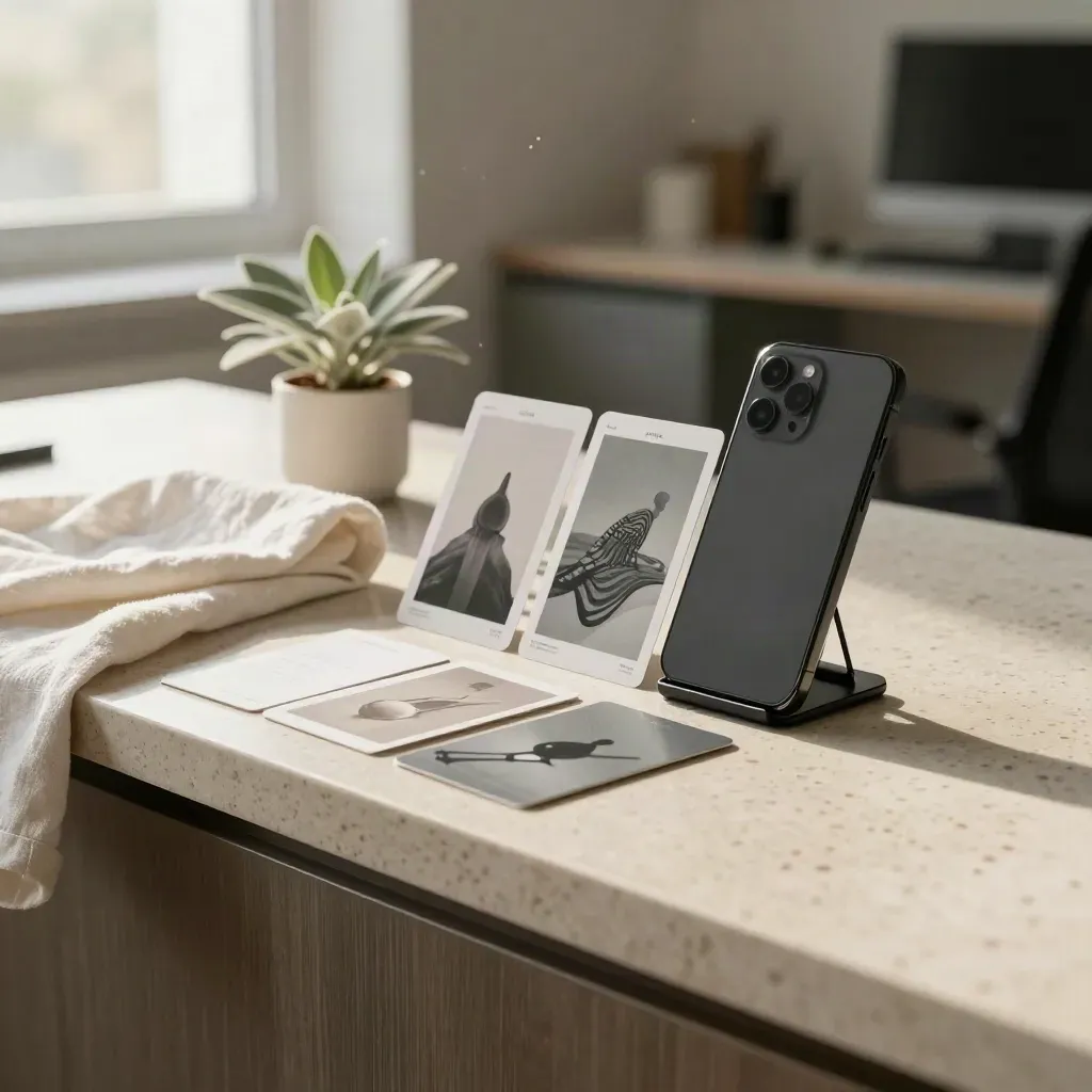 Smartphone noir, trois cartes visuelles, tissu clair et petite plante sur un comptoir lumineux.