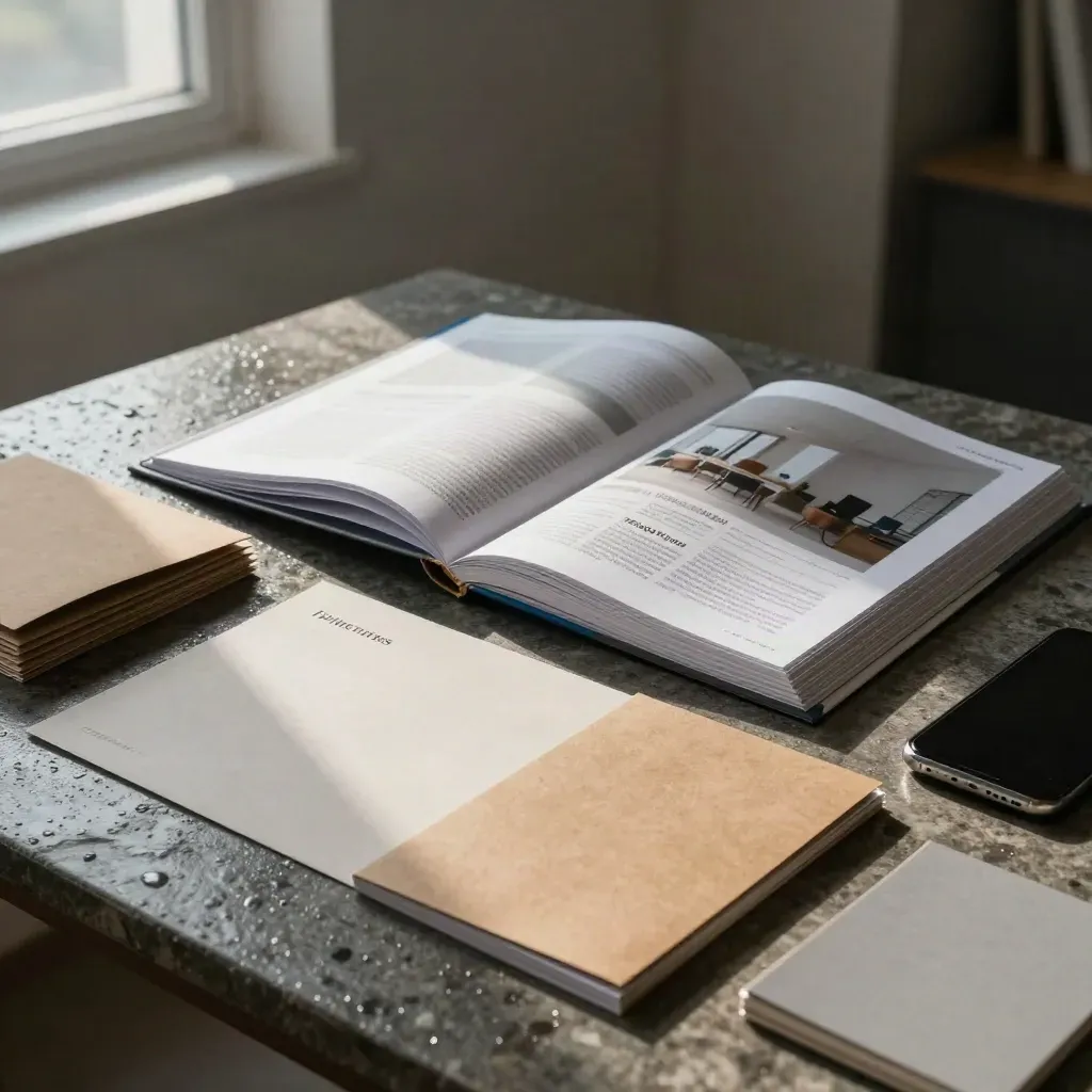 Table éditoriale d’agence avec dossiers kraft, échantillons papier et téléphone, lumière après pluie.