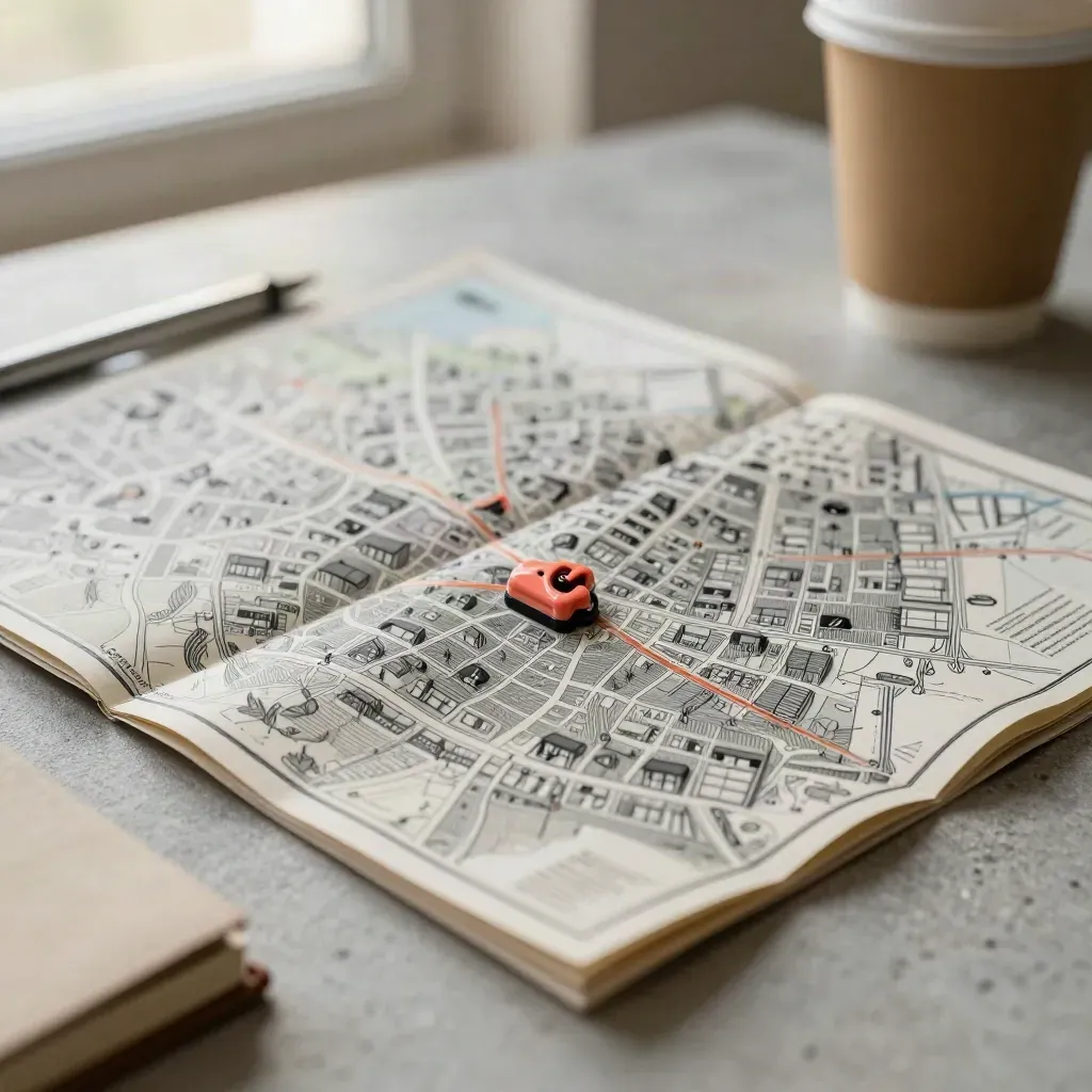 Carte de quartier, magnets corail, carnet fermé et café sur une table de plan média, vue quasi verticale.