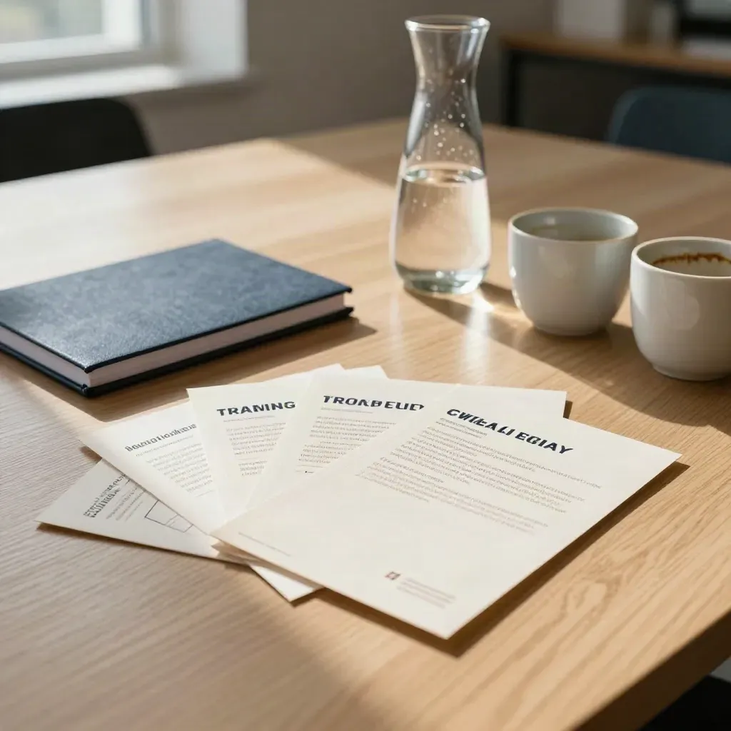 Table de réunion avec cartes de canaux, carnet fermé, carafe d’eau et deux tasses oubliées.