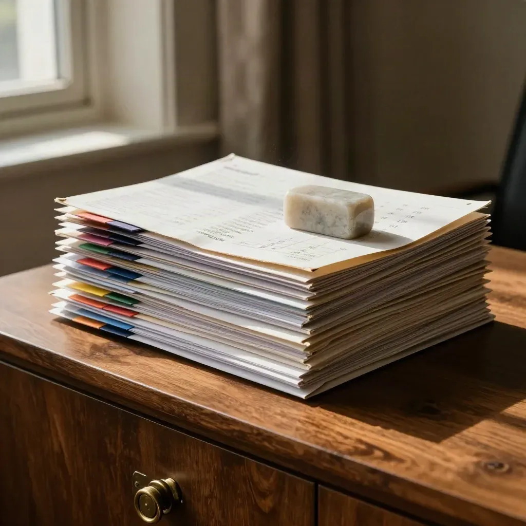 Enveloppes de budget à onglets, carnet fermé et pierre claire sur meuble en bois, lumière douce.