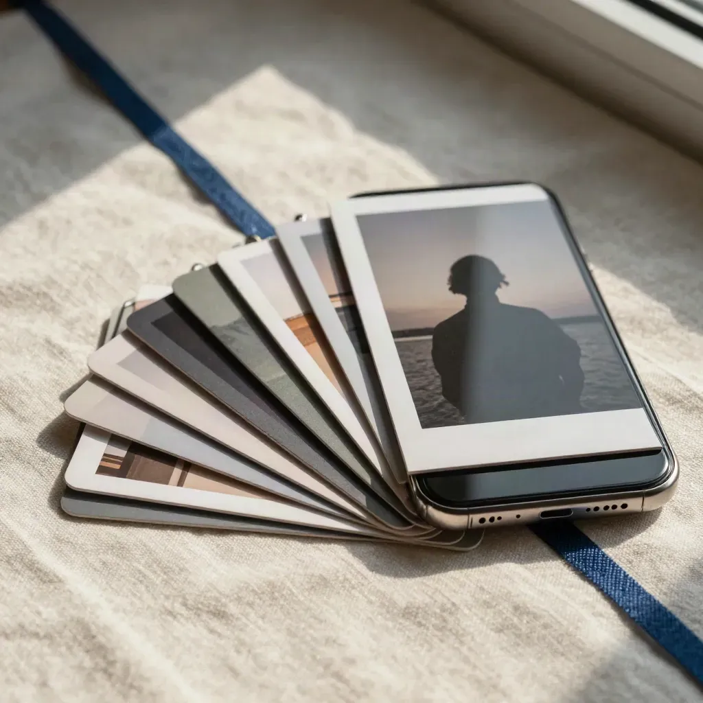 Smartphone, cartes de formats et pince sur toile de studio claire, lumière douce du soir.