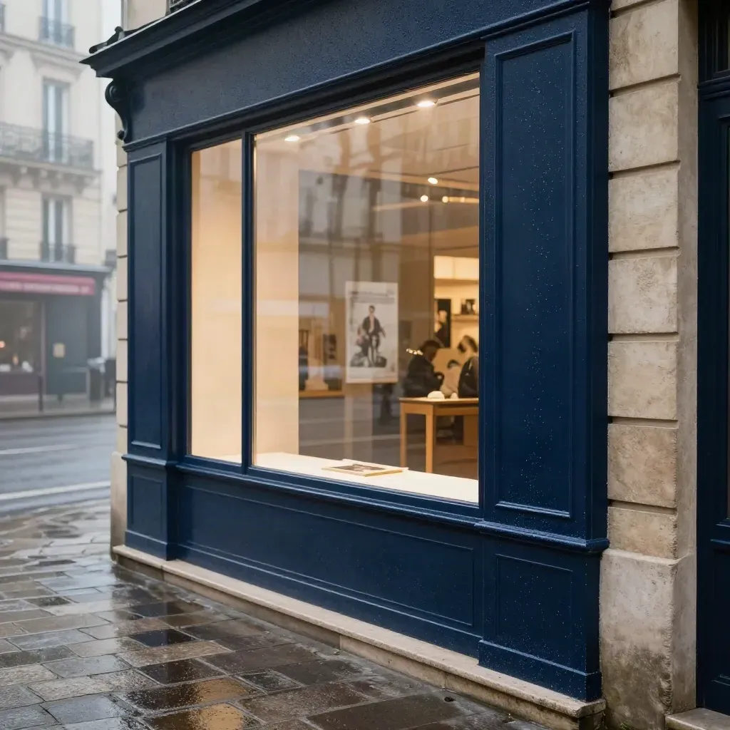 Vitrine lumineuse d’une boutique parisienne, trottoir mouillé et volets qui s’ouvrent au matin.
