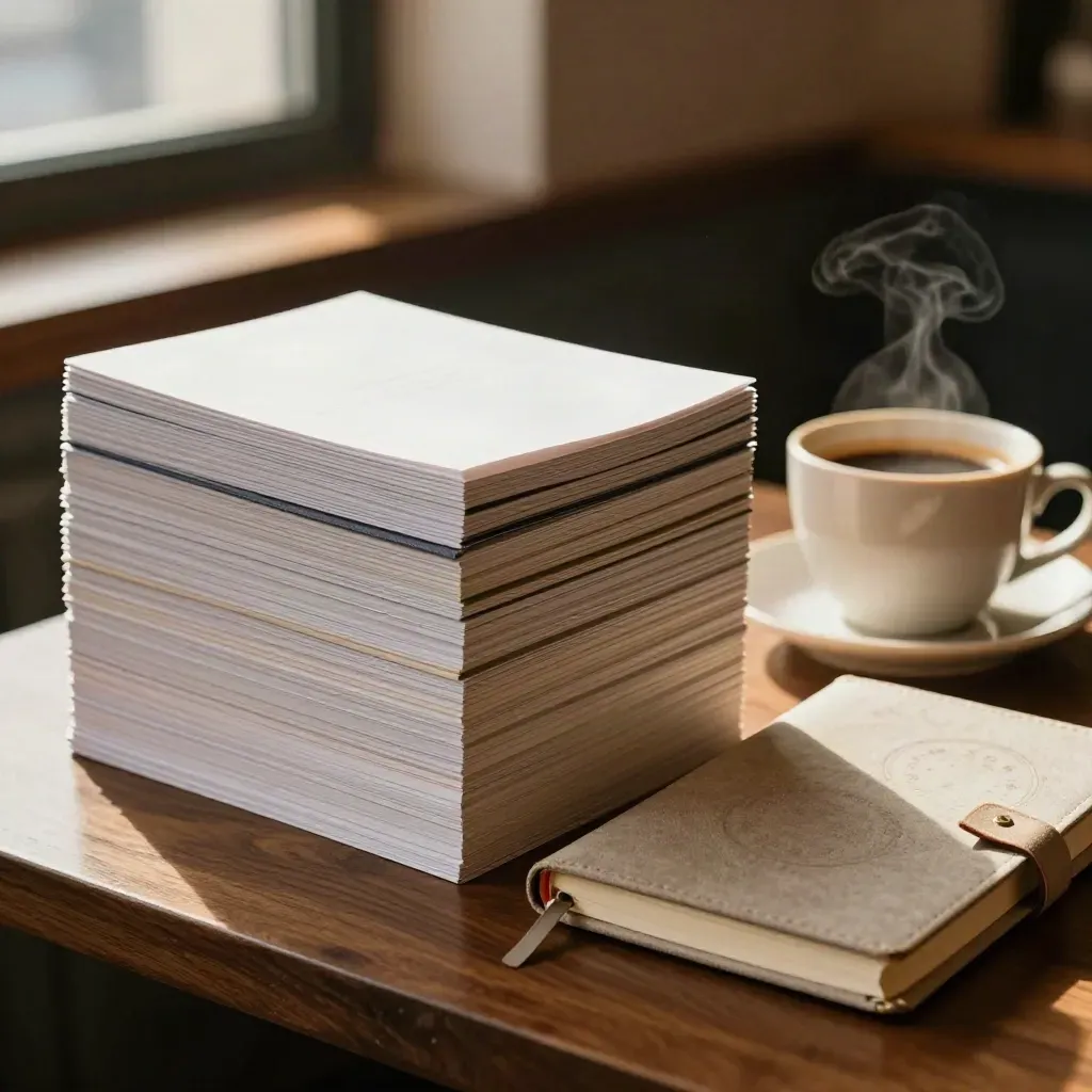 Pile de cartes de publication, carnet à onglets et café tiède sur une table de café.